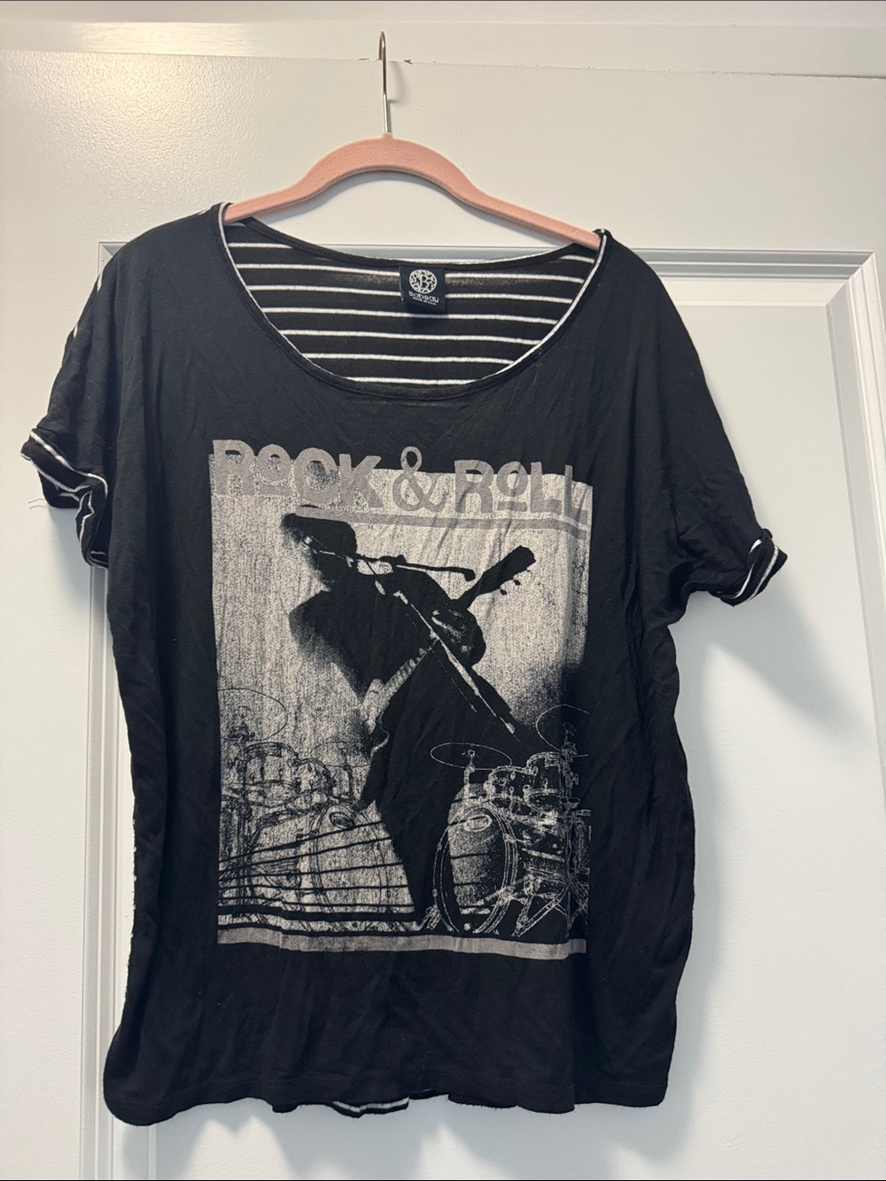bobeau Black Rock & Roll Graphic Tee with Striped Trim